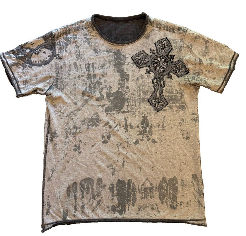 Affliction Reversible T Shirt Mens L Cross Angel Wings Skull Y2K Grunge Graphic